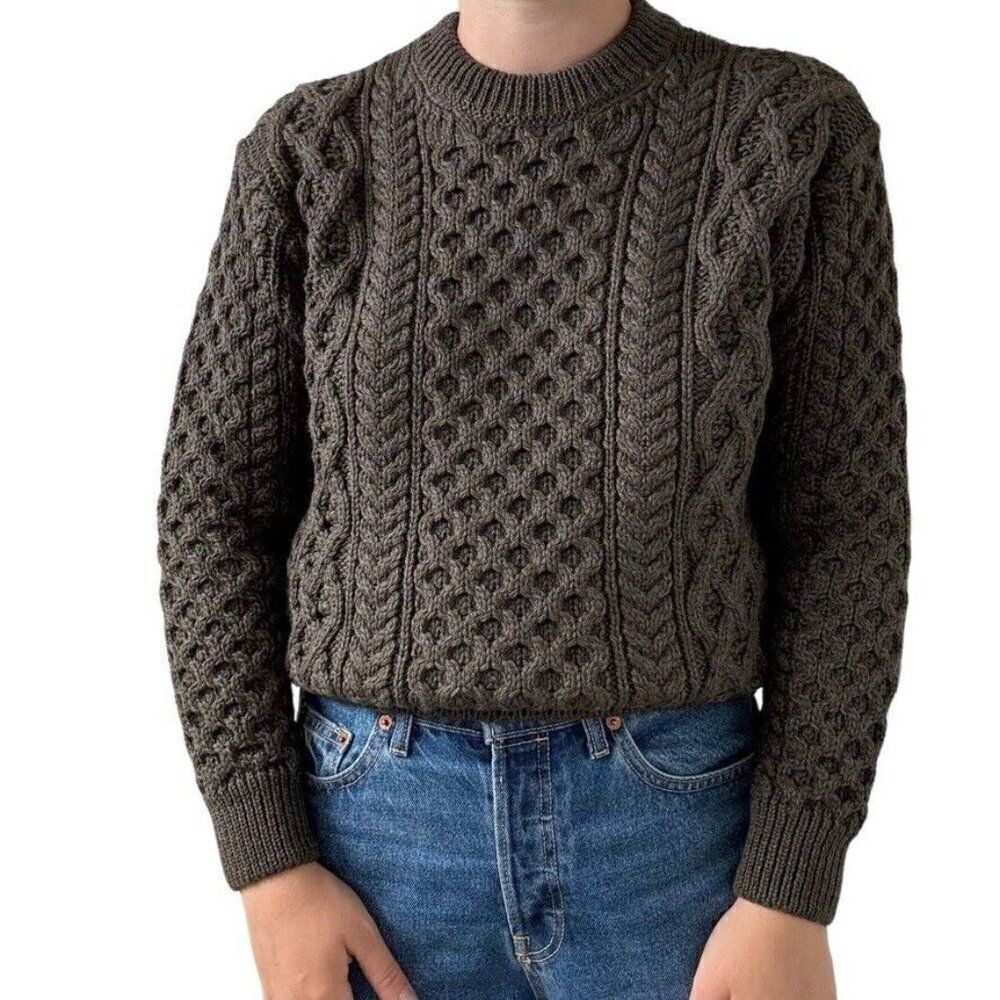 NWT Womens Aran Sweater Market Wool Olive Green Irish Fisherman Sweater Sz M